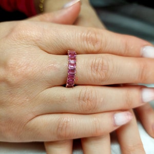 Very Fine 6 Ctw Vivid Hot Pink Natural Mined Sapphire Full Eternity Band 18K Yellow Gold Wedding Engagement Anniversary Emerald Cut Modern