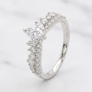 Round and Marquise Diamond Tiara Wedding Band for Engagement Ring, V Shaped Chevron Band, Half Eternity Band, Lab Diamond Stackable Band