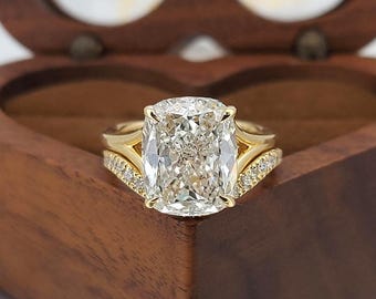 4.5 CT IGI Certified Lab Created Cushion Cut Diamond Engagement Ring, Cushion Cut Diamond ring set, Curved band, Lab Grown Bridal ring set