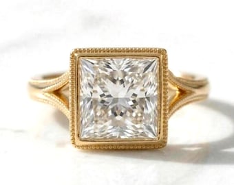 Princess cut E VVS2 lab grown Emerald Cut engagement ring in bezel setting 14K Solid Gold IGI Certified Princess cut Diamond Proposal Ring.
