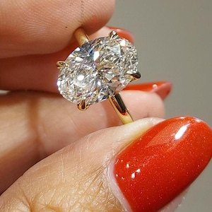 Anello di fidanzamento con diamante ovale, anello in oro giallo 14 carati, anello solitario ovale D VVS2 da 3,5 carati, anello di promessa con diamante certificato creato in laboratorio.