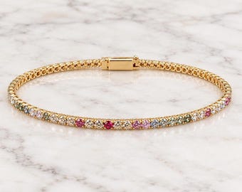 Rainbow Sapphire & Diamond Tennis Bracelet in Yellow Gold – Dainty Multicolor Gemstone Bracelet, Beautiful Bracelet, 2 mm round bracelet.