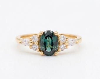 1.5ct Blue Green sapphire ring, Peacock engagement ring, Oval Teal sapphire ring, 14k rose gold engagement ring, Cluster diamond ring