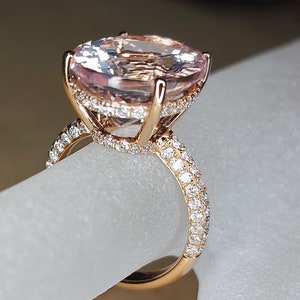 11 1/2 TCW Morganite Engagement Ring Rose Gold Oval Morganite Ring Hidden Halo Diamonds Oval Morganite Ring