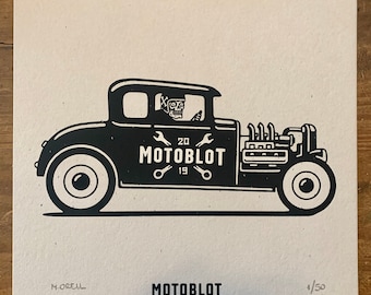 Motoblot &quot;Hot Rod&quot; Mini Silk Screen Poster. 10&quot; x 10&quot; Limited Edition (50) Signed and Numbered by the Artist.