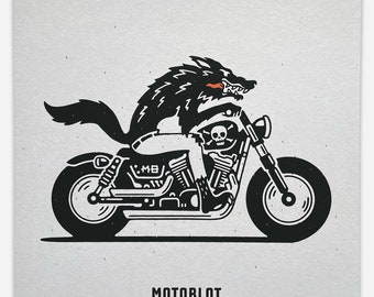Motoblot "Moto-Wolf"" Mini Silk Screen Poster. 10" x 10" Limited Edition (50) Signed and Numbered by the Artist Mariano Orell.