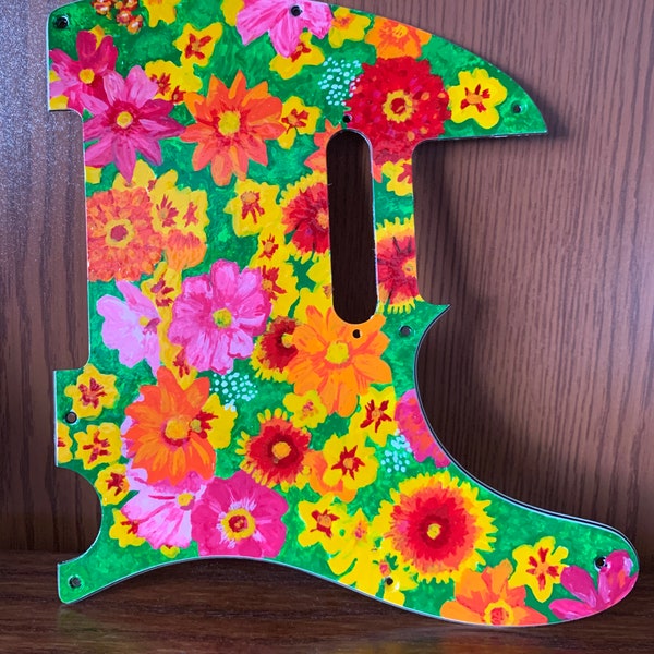 Sue’s Handpainted Telecaster Pickguard with neck holes Wildflowers 5