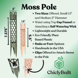 May include: Two moss poles, one green and one pink, with a honeycomb design. The poles are 7.375 inches tall and 2 inches in diameter. The smaller pole is 5.5 inches tall and 1.5 inches in diameter. The poles are made of eco-friendly plant-based plastic and are handmade in the USA.
