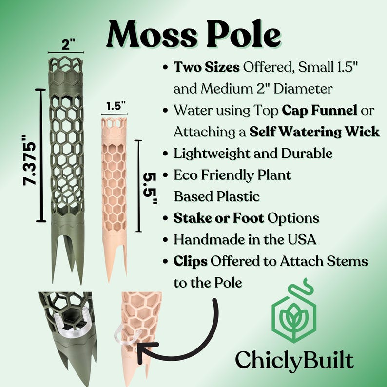 May include: Two moss poles, one green and one pink, with a honeycomb design. The poles are 7.375 inches tall and 2 inches in diameter. The smaller pole is 5.5 inches tall and 1.5 inches in diameter. The poles are made of eco-friendly plant-based plastic and are handmade in the USA.