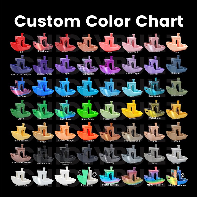 K&ouml;nnte beinhalten: Eine benutzerdefinierte Farbkarte mit einem Raster aus kleinen 3D-gedruckten Bootsfiguren in verschiedenen Farben und Ausf&uuml;hrungen. Der Text Custom Color Chart steht oben. Jedes Boot ist mit seinem Farbnamen beschriftet, darunter Rot, Blau, Gr&uuml;n, Gelb und Regenbogen.