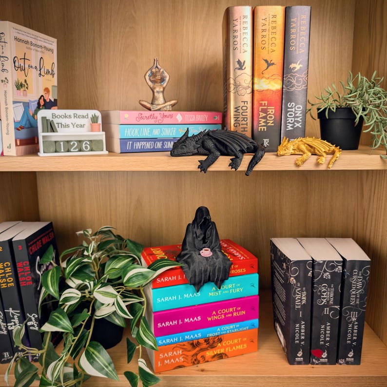 Puede incluir: Una estanter&iacute;a de madera exhibe una colecci&oacute;n de libros, figuritas y plantas. Los libros tienen cubiertas coloridas y t&iacute;tulos como "Fourth Wing" y "A Court of Thorns and Roses". Los elementos decorativos incluyen una estatua de postura de yoga, una figura de drag&oacute;n y un peque&ntilde;o calendario que muestra "126."