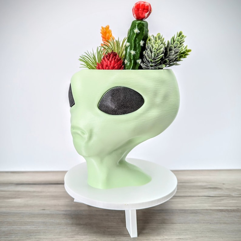 May include: A green alien head planter with a white base. The planter is filled with a variety of succulents and plants, including a red cactus.