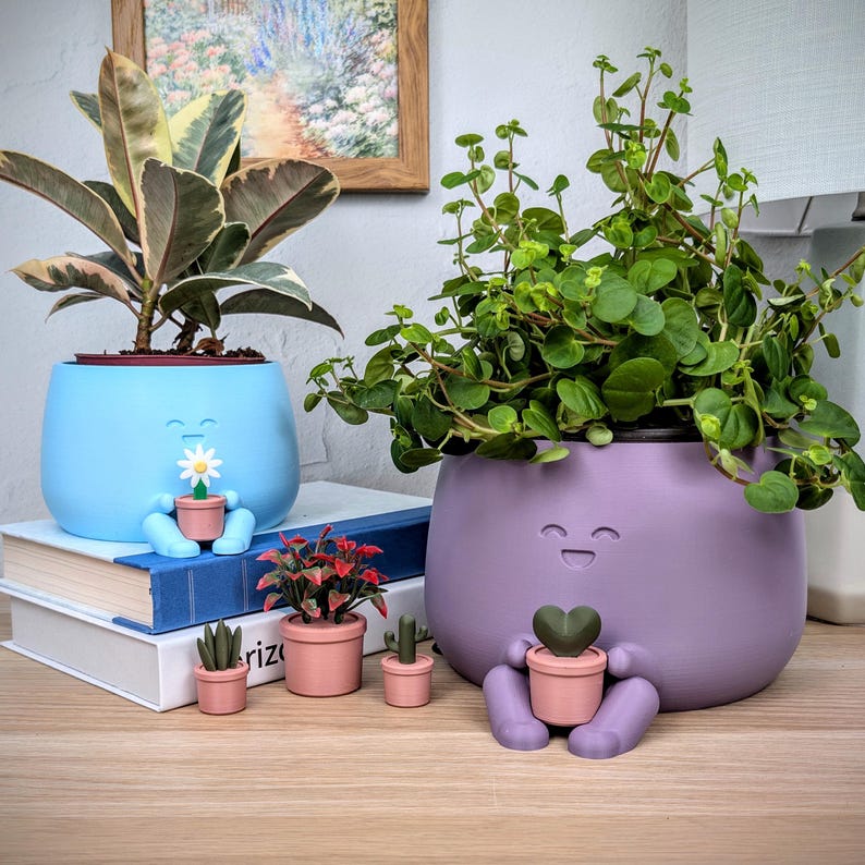 May include: Two large, smiling, blue and purple planters with plants, each holding a small pot. Several small pink pots with plants are in front of the planters. The plants include a daisy, a heart-shaped plant, and succulents.