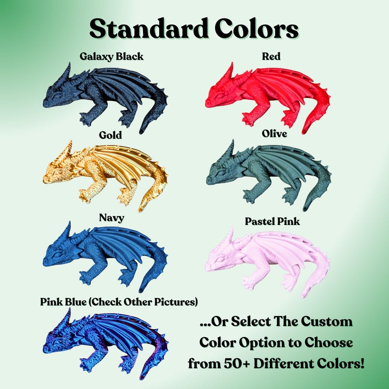 Puede incluir: Imagen que muestra figuras de dragones en miniatura en varios colores, incluyendo Negro Galaxia, Rojo, Dorado, Oliva, Azul Marino, Rosa Pastel y Azul Rosa. El texto dice "Colores est&aacute;ndar" y "...O seleccione la opci&oacute;n de color personalizado para elegir entre m&aacute;s de 50 colores diferentes!"