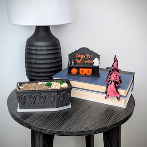 May include: A black coffin-shaped planter containing a skeleton and green succulents, a black Days Til Halloween countdown sign with orange blocks showing 18, and a red witch figurine sitting on a stack of two books with blue covers.