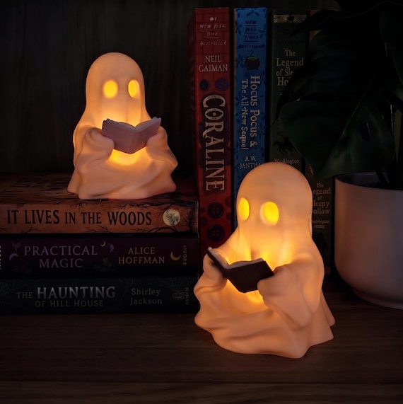 Ghost Reading Book, Bookshelf Decor, Cute Ghost Tealight Figurine, Book Lover Gifts, Halloween Decor, Shelf Ornament, Cozy Bookish Accessory
