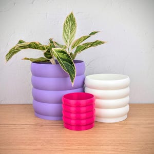 May include: Three cylindrical plant pots with a ribbed, stacked-ring design. One large lavender pot contains a variegated green and white plant, one medium white pot, and one small bright pink pot are arranged in a cluster on a wooden surface.