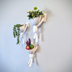 Peut inclure: Trois pots muraux en céramique blanche en forme de personnes tenant des plantes. Les pots sont fixés au mur avec des vis. Les plantes sont une variété de succulentes et de plantes vertes.