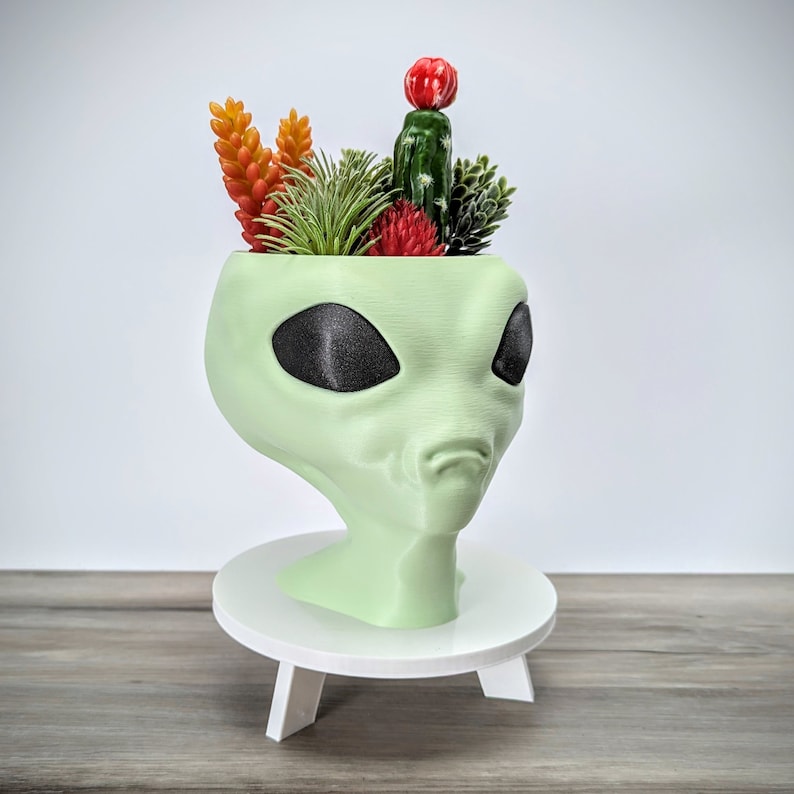 May include: A green alien head planter with a white stand. The planter is filled with a variety of succulents and cacti, including a red cactus.