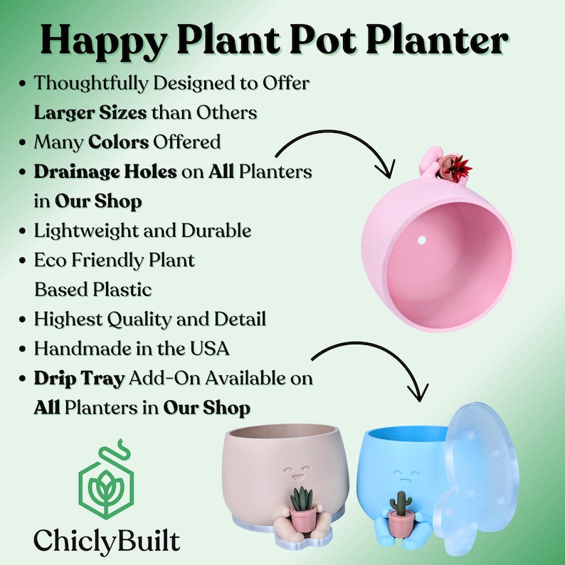 May include: Happy Plant Pot Planter. The image shows three colorful planters: pink, tan, and blue. The planters have a cute face design and hold a small plant. The text on the image says the planters are lightweight, durable, and handmade in the USA.