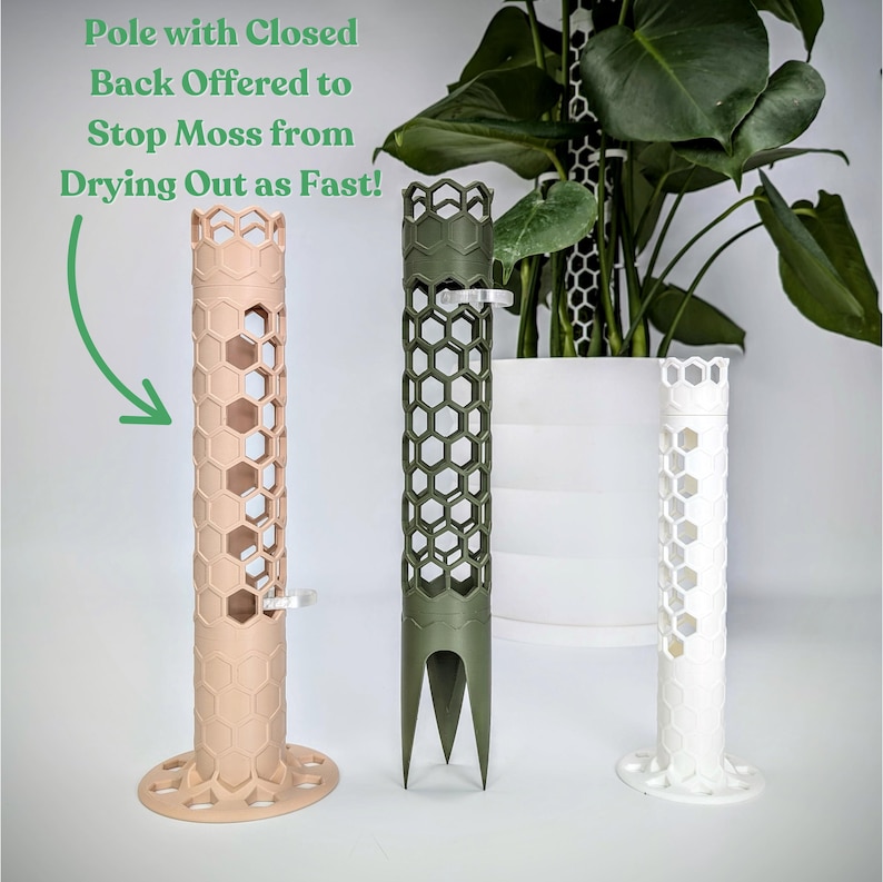May include: Three moss poles for plants, each with a different color: beige, green, and white. The poles are made of a honeycomb-like material and have a base to help them stand upright. The text "Pole with Closed Back Offered to Stop Moss from Drying Out as Fast!" is written in green text on a white background.
