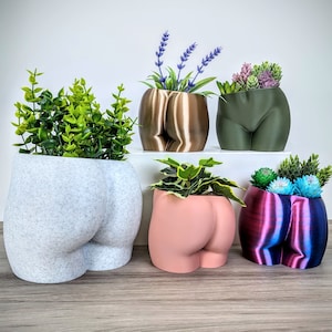 Peut inclure: Plusieurs pots de fleurs originaux en forme de fesses, de couleurs variées : blanc, doré, vert olive, rose et un dégradé bleu-violet. Chaque pot contient des plantes et des fleurs artificielles, créant une présentation artistique et amusante.