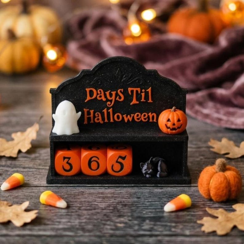 May include: A black countdown calendar with the orange text Days Til Halloween, featuring a white ghost, an orange jack-o'-lantern, and a black cat figurine. The calendar includes three orange blocks with black numbers to display the remaining days.
