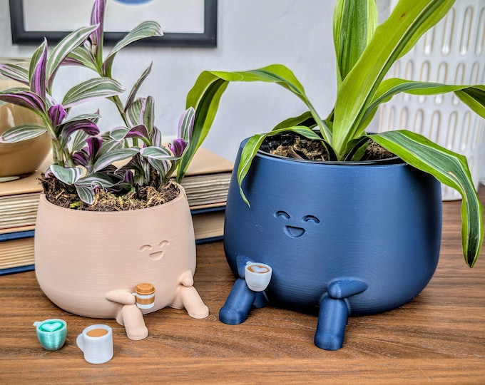 Cute Coffee Planter, Cozy Indoor Cafe Mug Plant Pot Decor, Coffee Lover Unique Christmas Gift for Her, Succulent Drainage Tray, Coffee Gifts