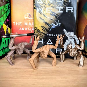 May include: Three 3D-printed figures in shades of brown and gold, posed with a pen and books. The figures have a unique, stylized design. Books with titles like "The Martian" and "Project Hail Mary" are visible in the background.