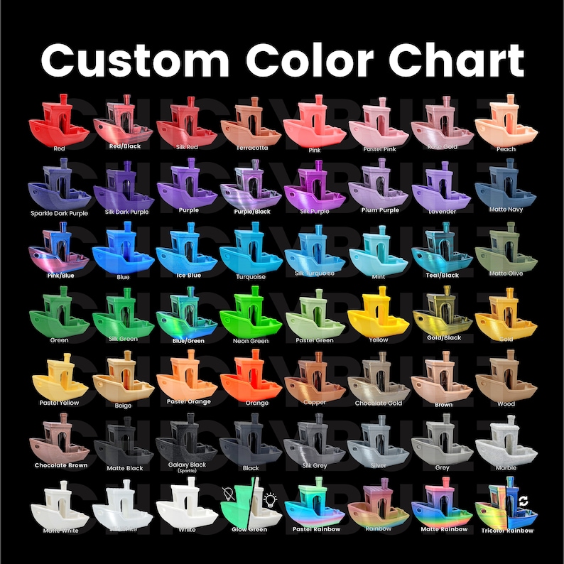 May include: A colour chart displaying a range of filament colours for 3D printing. The colours are shown on small, boat-shaped objects. The chart includes colours such as red, blue, green, yellow, orange, purple, black, white, and more.