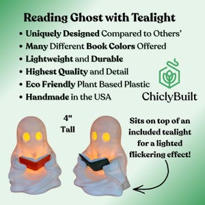 May include: Two white ghost figurines, each 4 inches tall, are shown holding small books in red and black. The ghosts feature cut-out eye sockets illuminated by an internal light. Text on the image includes Reading Ghost with Tealight and ChiclyBuilt.