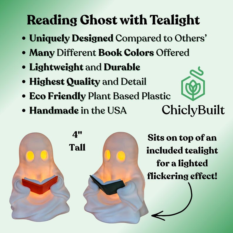 May include: Two white ghost figurines, each 4 inches tall, are shown holding small books in red and black. The ghosts feature cut-out eye sockets illuminated by an internal light. Text on the image includes Reading Ghost with Tealight and ChiclyBuilt.