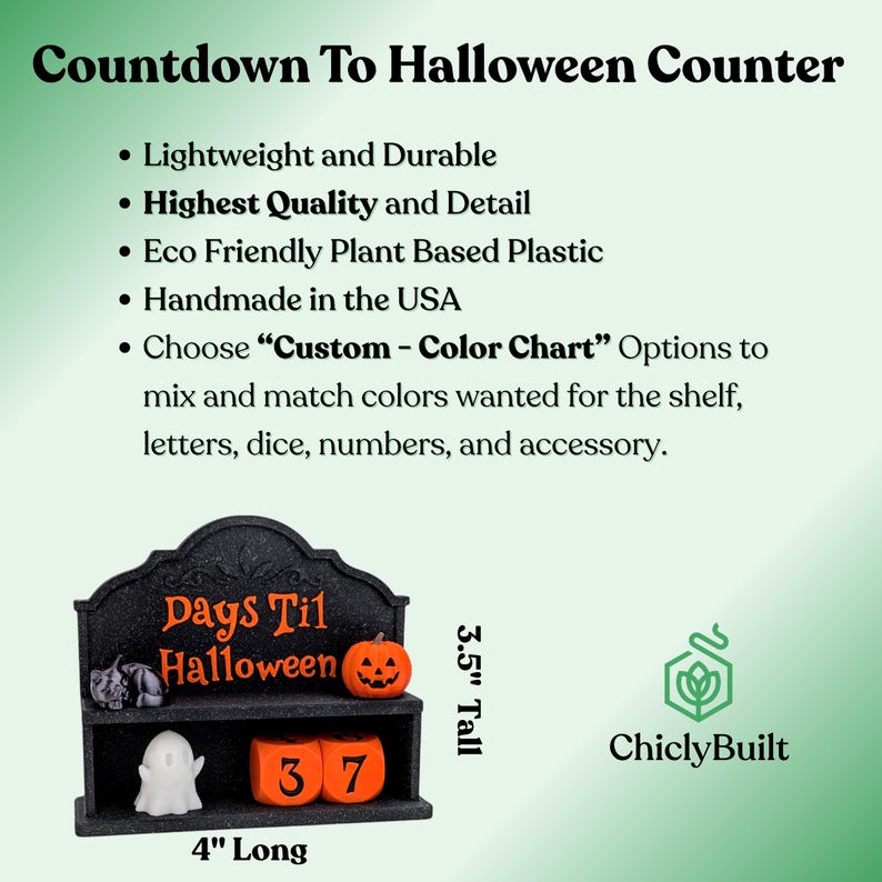 May include: A black Halloween countdown shelf measuring 10.16 cm long and 8.89 cm tall. It features orange text reading Days Til Halloween, a small cat, a ghost, a pumpkin, and two orange number blocks displaying 37. Text includes product details.