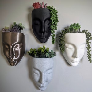 May include: Four different wall planters, each with a unique face design. The planters are made of different materials, including black, brown, white, and grey. Each planter has a different type of plant growing in it.