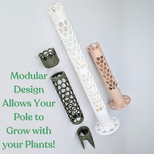 May include: Three modular plant supports in different colors: white, beige, and green. Each support is made of a honeycomb-shaped plastic and has a base that allows it to be attached to a pole. The text "Modular Design Allows Your Pole to Grow with your Plants!" is visible in the image.