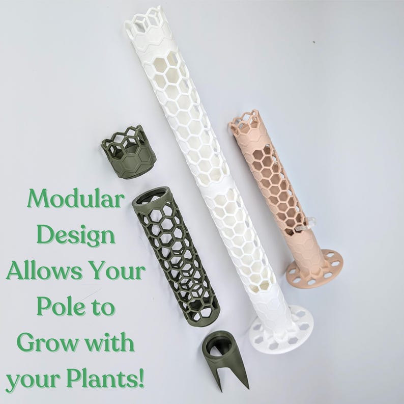 May include: Three modular plant supports in different colors: white, beige, and green. Each support is made of a honeycomb-shaped plastic and has a base that allows it to be attached to a pole. The text "Modular Design Allows Your Pole to Grow with your Plants!" is visible in the image.