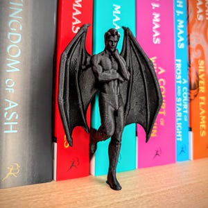Puede incluir: Una figura negra texturizada de un ser humanoide alado de pie con una mano cerca de la barbilla. La figura tiene grandes alas de murci&eacute;lago extendidas hacia afuera y est&aacute; colocada frente a una fila de lomos de libros coloridos con texto.