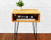Reclaimed Wood End Table Side Table Nightstand Bedside Table Golden Antique Finish Steel Hairpin Legs Modern Industrial Rustic
