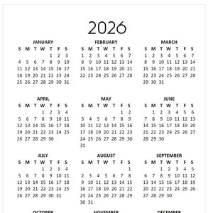Minimalistisk kalender för 12 månader jan-dec 2026: Utskrivbar översikt över året (nedladdning direkt)