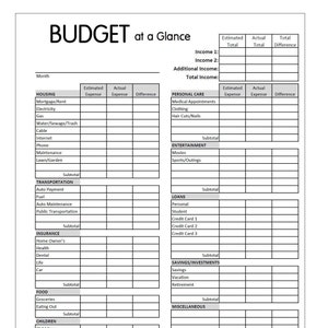 Hoja de trabajo de presupuesto mensual minimalista de un vistazo, 3 tamaños: carta, A5 y planificador clásico, ingresos múltiples, descarga digital