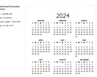 Printable Minimalist 2024 Calendar Year at a Glance, Available in 4 Sizes A5, Planner Classic, Letter & Legal, Instant Download