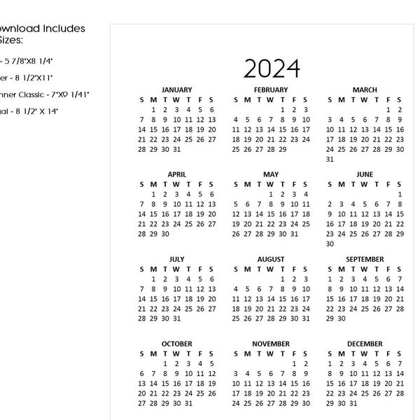 Aperçu de l'année civile 2024 minimaliste imprimable, disponible en 4 tailles A5, agenda classique, lettre et légal, téléchargement immédiat