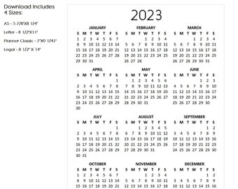 Printable Minimalist 2023 Calendar Year at a Glance, Available in 4 Sizes A5, Planner Classic, Letter & Legal, Instant Download