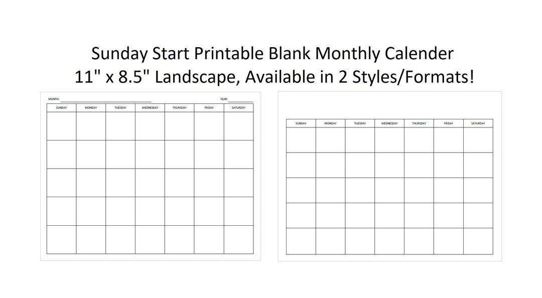 Sunday Start Printable Blank Monthly Calendar, Available in 4 Styles ...