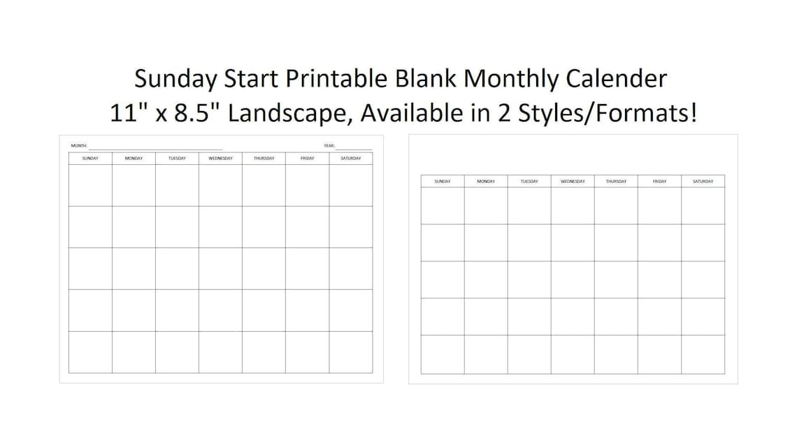 Sunday Start Printable Blank Monthly Calendar Available in 4 Etsy Canada