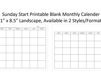 Sunday Start Printable Blank Monthly Calendar, Available in 4 Styles/Formats, Digital Download, Instant Download, (4) 11" x 8.5" Landscape