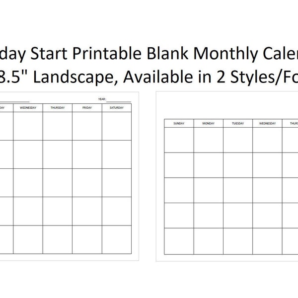 Sunday Start Printable Blank Monthly Calendar, Available in 4 Styles/Formats, Digital Download, Instant Download, (4) 11" x 8.5" Landscape