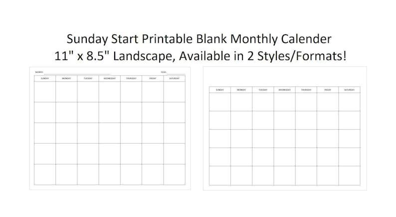 Sunday Start Printable Blank Monthly Calendar, Available in 4 Styles ...