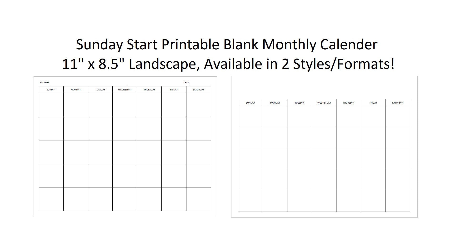 Sunday Start Printable Blank Monthly Calendar, Available in 4 Styles