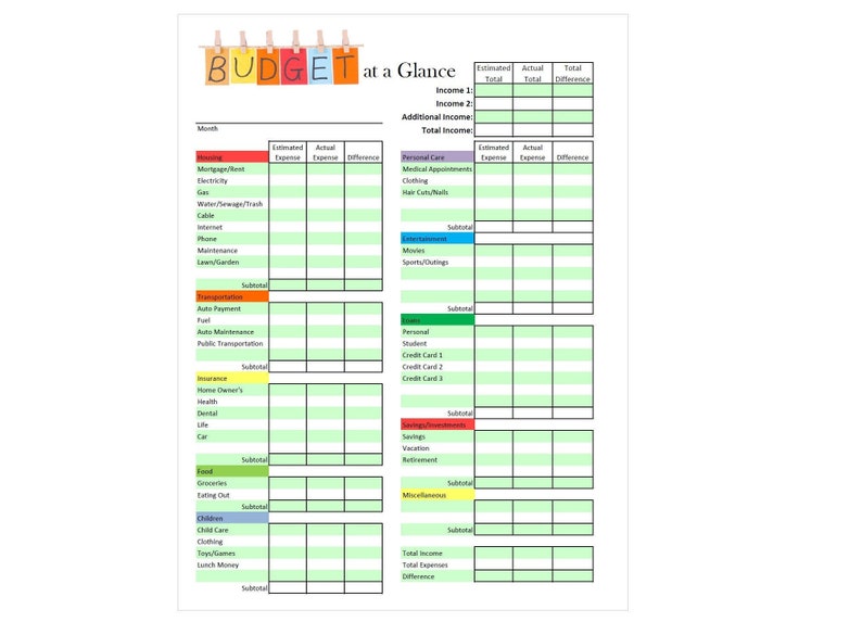 Monthly Budget at a Glance Worksheet Multiple Etsy Canada